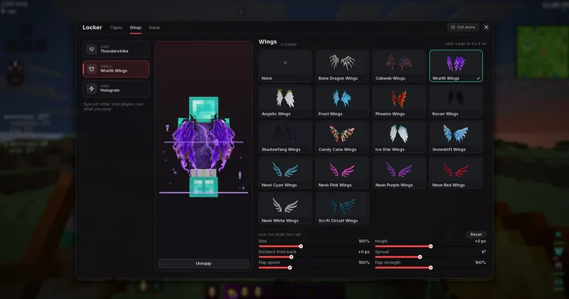 The Locker in game: wings, capes and auras on a 3D preview